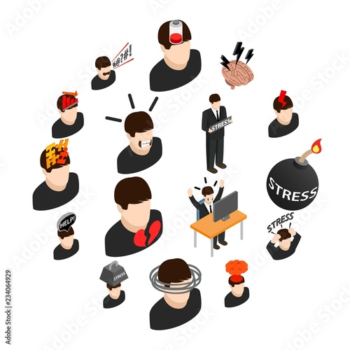 Stress icons in isometric 3d style on a white background