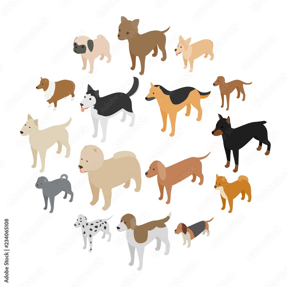 Dog icons set in isometric 3d style on a white background