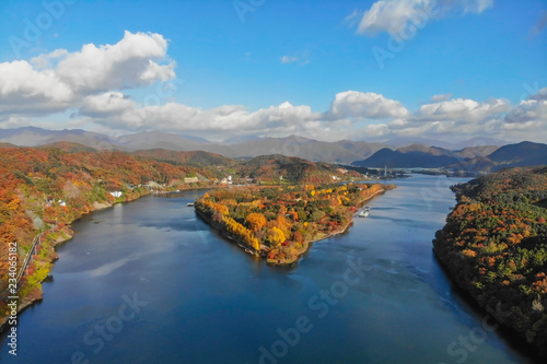 Aerial view. Sunrise Autumn at Nami island ,Seoul Korea