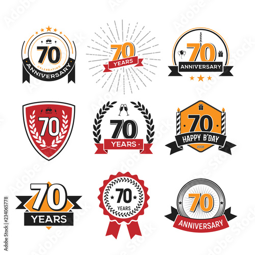 Collection of retro 70 th years anniversary logo. Set of Isolated vintage icons of seventy years celebrating vector illustration