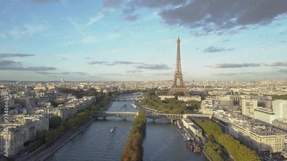 Aerial shot of Paris Eiffel Tower and Seine River