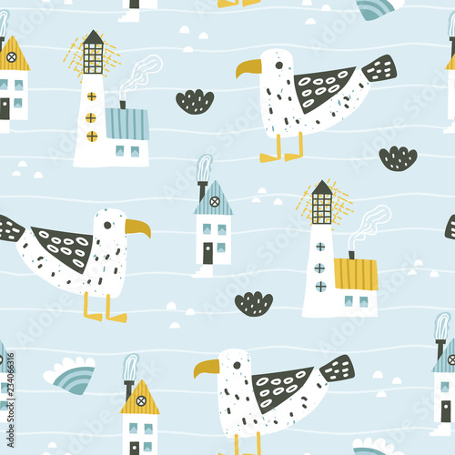 Cute seamless sea pattern with lighthouse, gull, waves and houses.