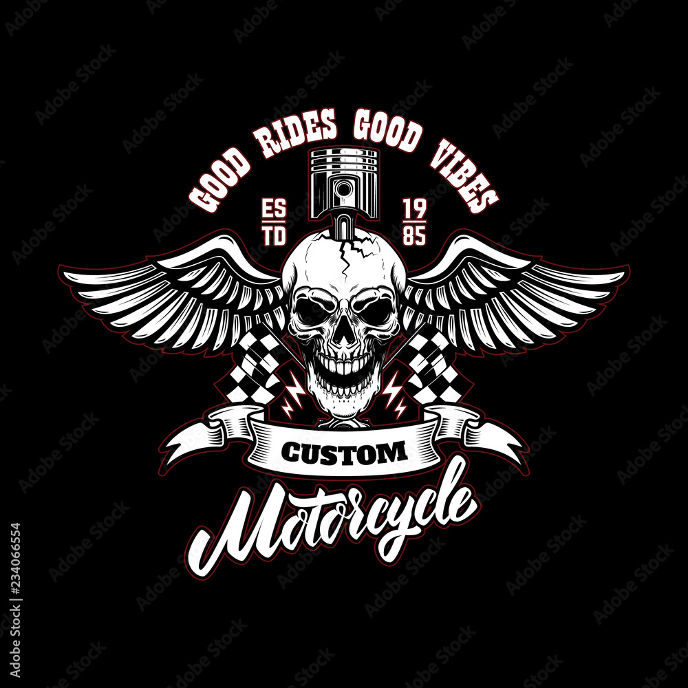 Winged Racer skull with piston in head. Design element for logo, label, sign, poster, t shirt.