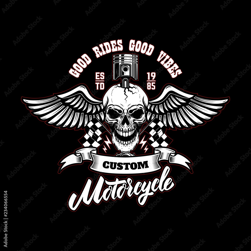 Winged Racer skull with piston in head. Design element for logo, label, sign, poster, t shirt. Winged Racer skull with piston in head. Design element for logo, label, sign, poster, t shirt.