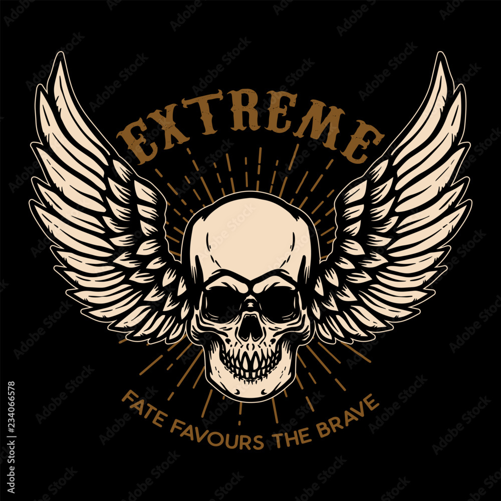 Extreme. Winged skull on black background. Design element for logo, label, emblem, sign, poster. Extreme. Winged skull on black background. Design element for logo, label, emblem, sign, poster.