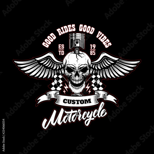 Winged Racer skull with piston in head. Design element for logo, label, sign, poster, t shirt.