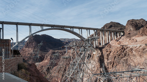 Hoover Dam Bridge over the Colorado Rive with power lines