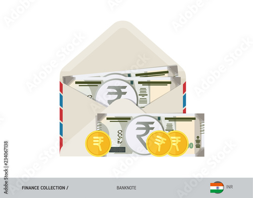 500 Indian Rupee Banknote. Flat style opened envelope with cash. Indian Rupee banknotes and coins. Salary payout or corruption concept.