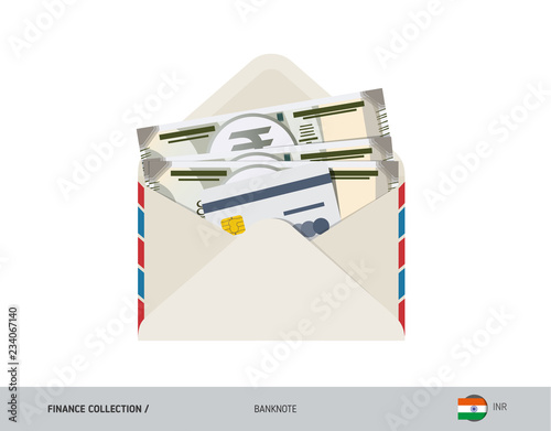 500 Indian Rupee Banknote. Flat style opened envelope with cash. Indian Rupee banknotes and credit card. Salary payout or bank transaction concept.