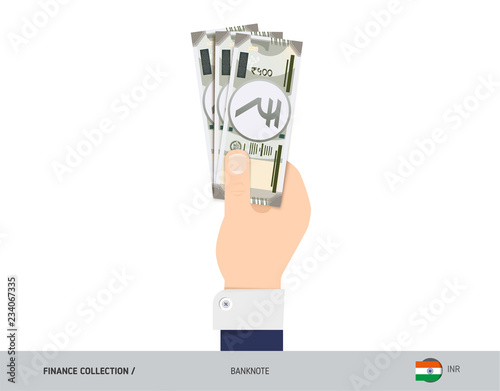 500 Indian Rupee Banknote. Hand gives money. Flat style vector illustration. Salary payout or corruption concept.