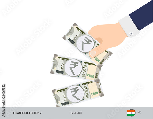 500 Indian Rupee Banknotes. Hand throwing banknotes. Flat style vector illustration. Waste of money concept.