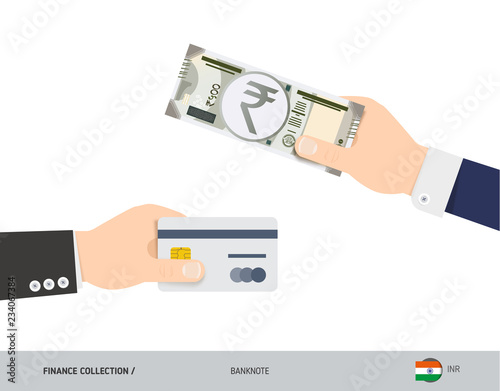Hand giving 500 Indian Rupee and credit card instead. Flat style vector illustration. Business finance concept.