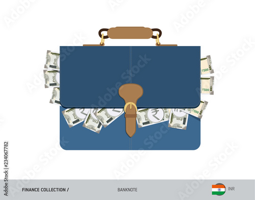 Leather briefcase with 500 Indian Rupee Banknotes. Flat style vector illustration. Salary payout or corruption concept.