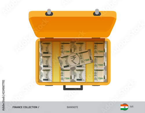 Yellow case with 500 Indian Rupee Banknotes. Flat style vector illustration. Salary payout or corruption concept.