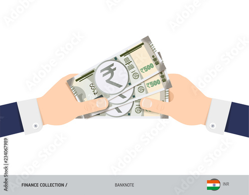 Three 500 Indian Rupee Banknotes in the hand. Flat style vector illustration. Finance concept.