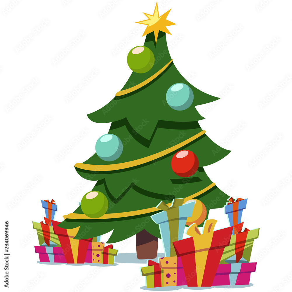 Christmas cartoon tree decorated and pile of gifts boxes. Vector flat icon  isolated on white background. Stock Vector | Adobe Stock
