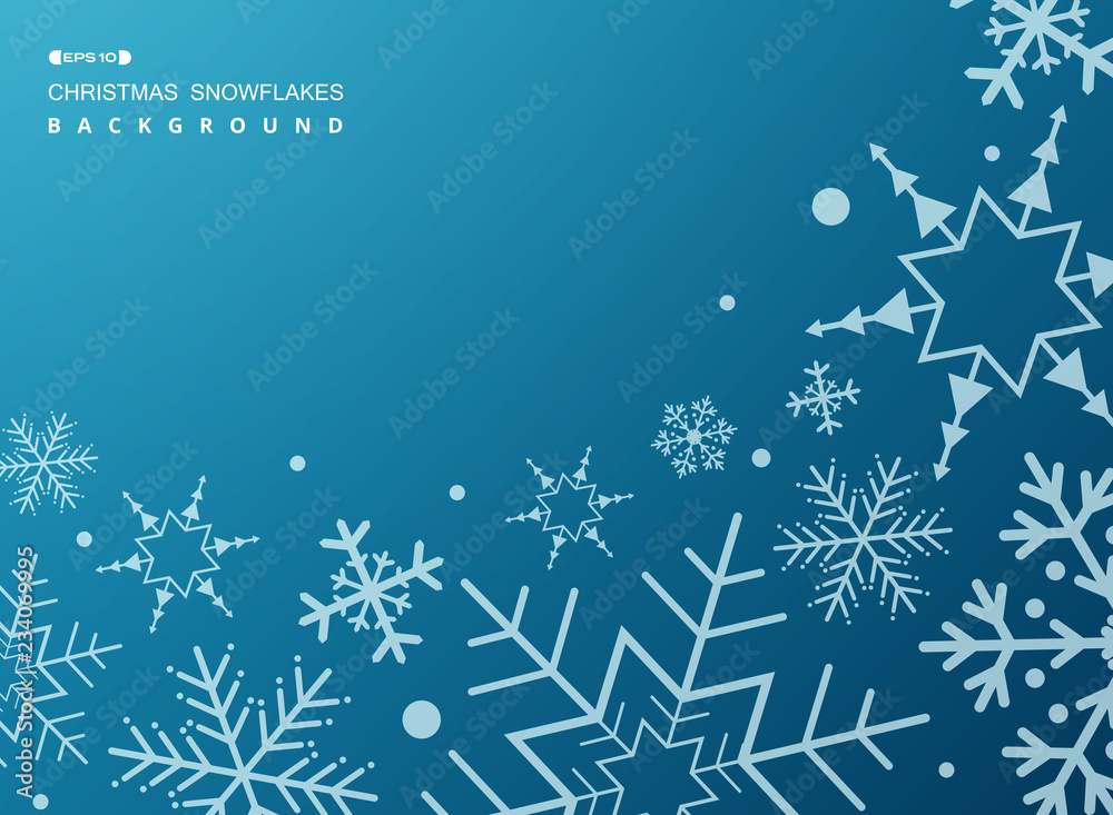 Fototapeta Pattern of white geometric snowflakes on gradient blue background.