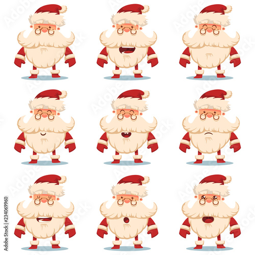 Cute Santa Claus vector cartoon character set with different emotions. Christmas decorative elements and icons isolated on white background.