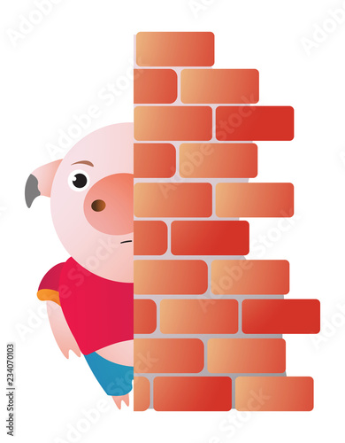 The pig hides behind the wall and peeps