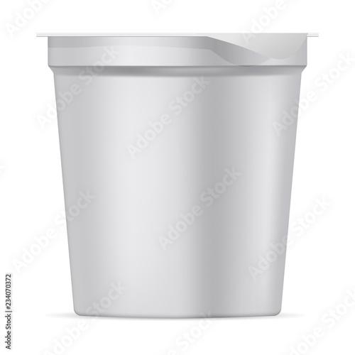Round white matte plastic pot with foil cover for yogurt, cream, dessert or jam. Realistic packaging mockup template. Vector 3d illustration.