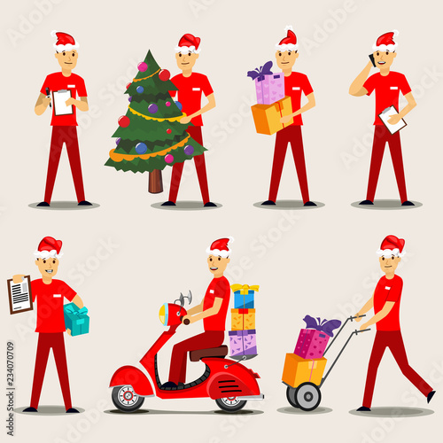 Delivery man character with gifts dressed in a red Santa hat. Vector set of Christmas illustration isolated on background.