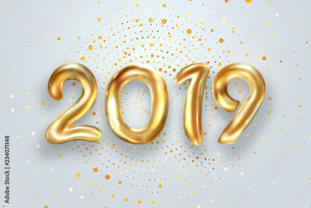 Creative background, Gold numbers Balloons on a light background, 2019 Happy new year, Number Ball, Air Filled Balloon. New year balloon for decoration, celebration, congratulation. copy space.