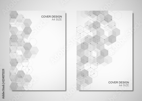 Vector brochure or cover design with hexagons pattern. Geometric abstract background with simple hexagonal elements.