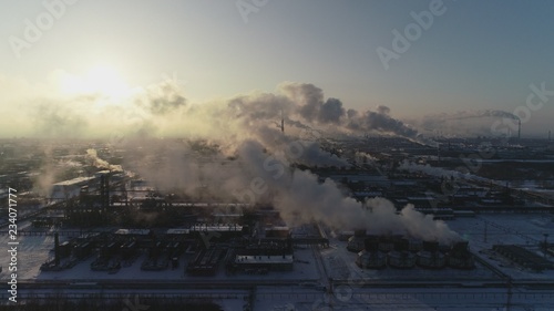 Oil factory in Winter, aerial view 