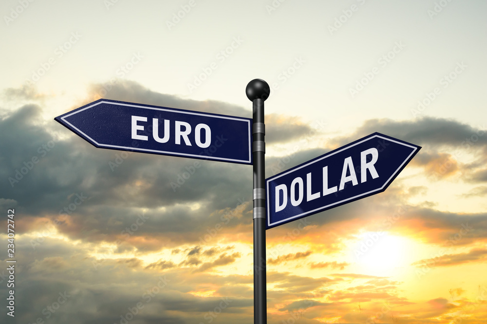 Obraz premium arrow road signs of words euro and dollar on the sunset sky. 3D illustration