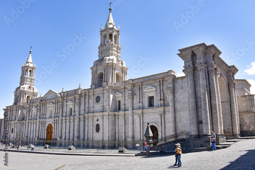 The Basilica Cathedral of Arequipa in Plaza de Armas, Peru, South America.