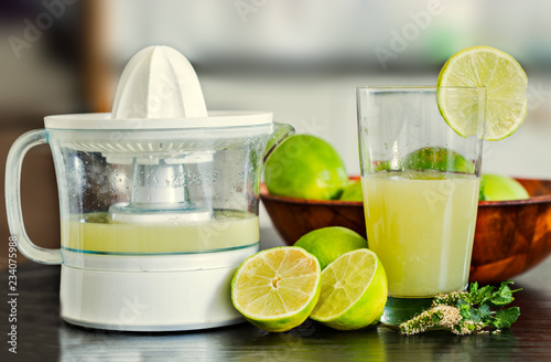 Glass of freshly squeezed lemon juice with juicer, sliced and whole lemons on the background.