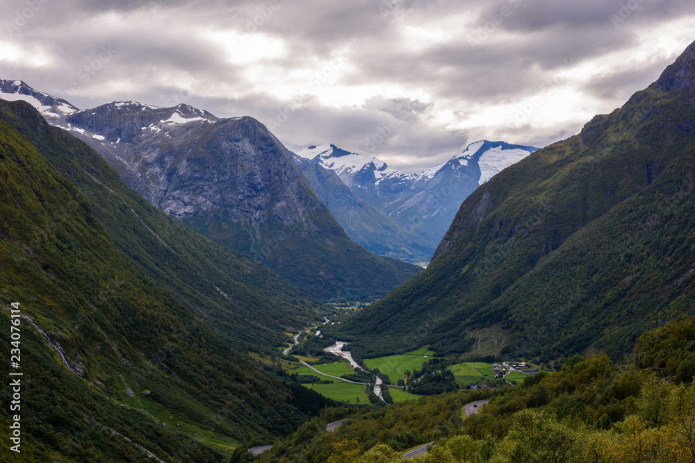 Hjelle valley mountain landscape in Norway.