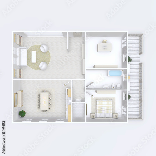 3d interior illustration rendering of furnished home apartment