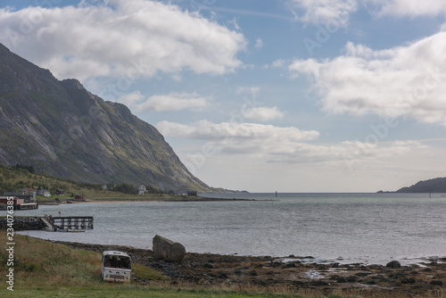 Natural mountain landscape with seaview at summer in Lofoten, Norway.