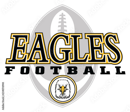 Eagles Football Design Concept is a team design template that includes a football, an eagles mascot head and text that says eagles football. Great for promotional products.
