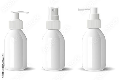 Realistic white glossy glass or plastic Cosmetic bottles dispenser spray pump container. Mockup template for cream, soups, and other cosmetics or medical products. Vector illustration.