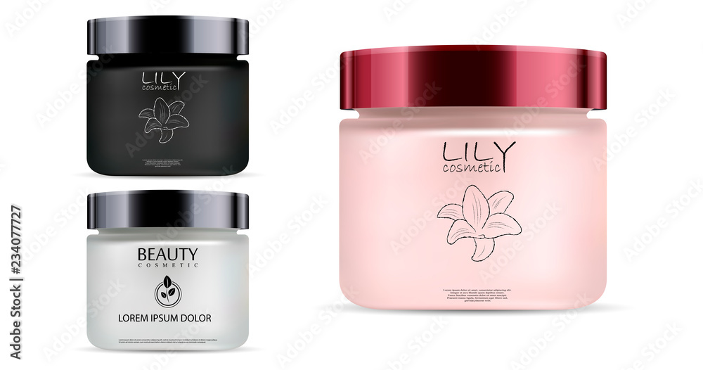 Round black, white and rose matt glass jar with black glossy plastic lid for cosmetics - body cream, butter, scrub, bath salt, gel, skin care, powder. Realistic 3d packaging mockup template. Round black, white and rose matt glass jar with black glossy plastic lid for cosmetics - body cream, butter, scrub, bath salt, gel, skin care, powder. Realistic 3d packaging mockup template.