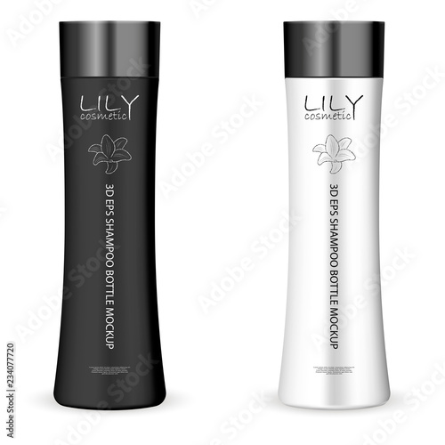 Trendy shape cosmetics bottle mockup in black and white color with black lid. Premium plastic package for cream, shampoo, shower gel isolated on white background. HQ 3d vector illustration.