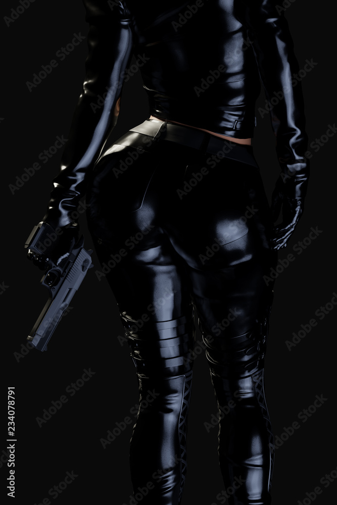 Sexy female assassin in glossy latex suit Sexy female assassin in glossy latex suit