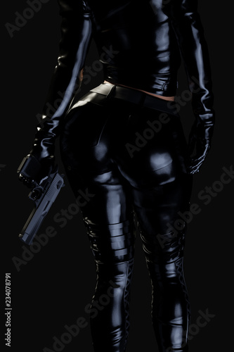 Sexy female assassin in glossy latex suit