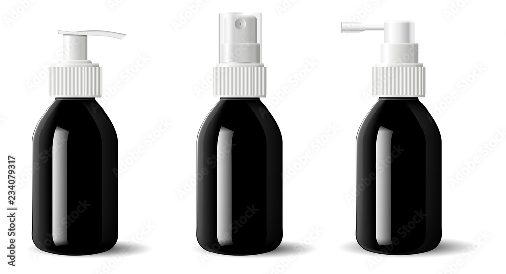 Realistic black glossy glass or plastic Cosmetic bottles dispenser spray pump container. Mockup template for cream, soups, and other cosmetics or medical products. Vector illustration.