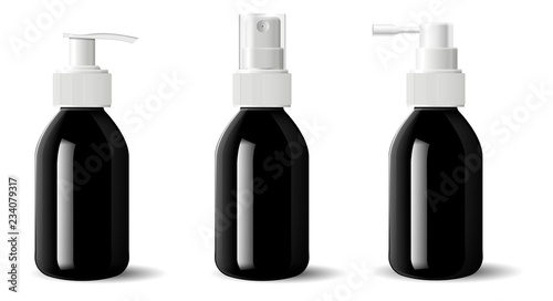 Realistic black glossy glass or plastic Cosmetic bottles dispenser spray pump container. Mockup template for cream, soups, and other cosmetics or medical products. Vector illustration.