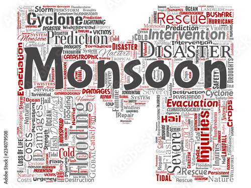 Vector conceptual monsoon dangerous weather letter font M red meteorology word cloud isolated background. Collage of tropical dramatic storm force, strong wind blowing, rain hail thunderstorm concept