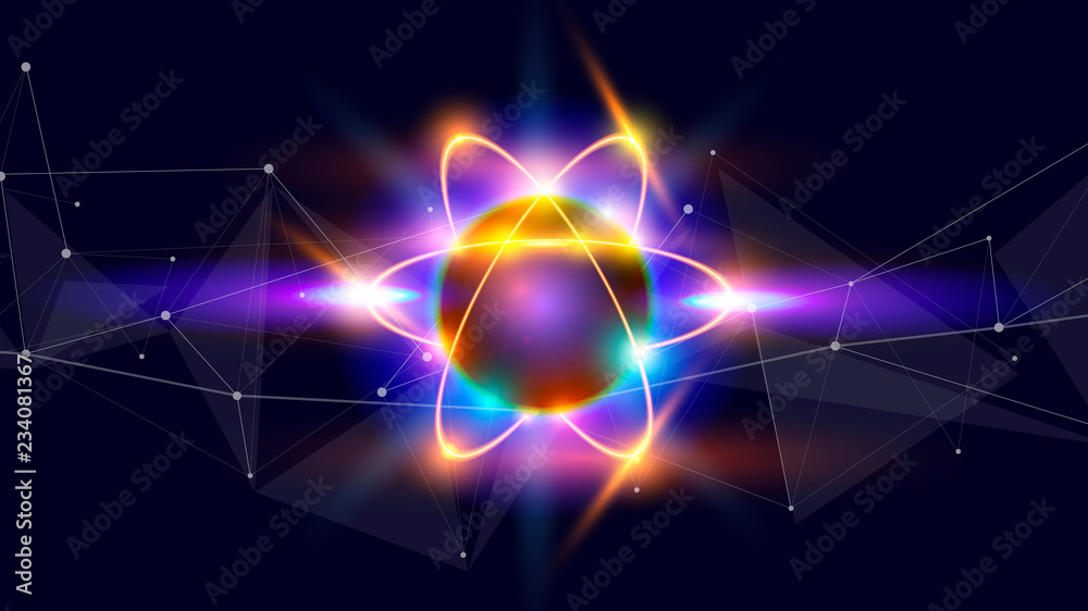atom - a symbolic image of an elementary particle against a background of deep space with stars & constellations. In the foreground - a digital information wave, symbolizing big data atom - a symbolic image of an elementary particle against a background of deep space with stars & constellations. In the foreground - a digital information wave, symbolizing big data