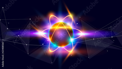 atom - a symbolic image of an elementary particle against a background of deep space with stars & constellations. In the foreground - a digital information wave, symbolizing big data