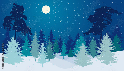 Winter forest with snowfall in night with full moon silhouette. Vector