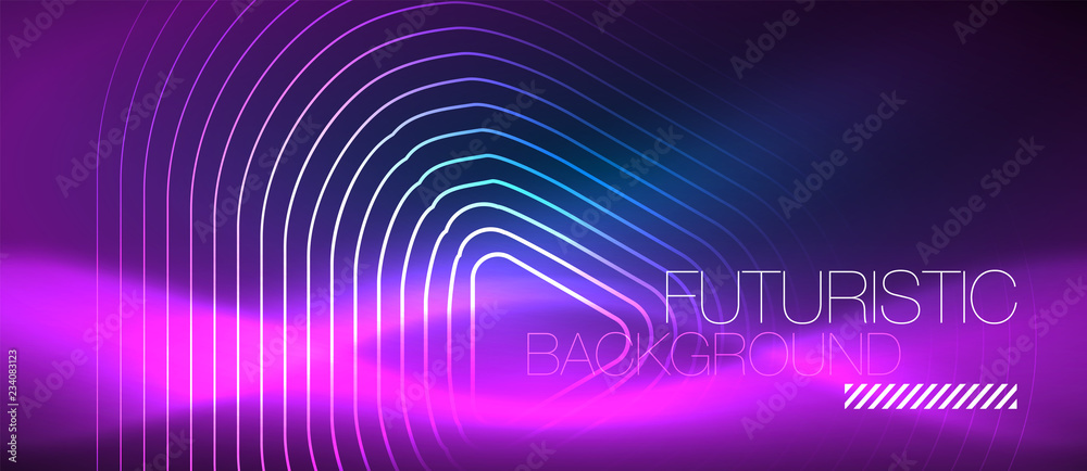 Neon glowing techno lines, hi-tech futuristic abstract background template with geometric shapes Neon glowing techno lines, hi-tech futuristic abstract background template with geometric shapes