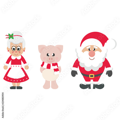 winter cartoon pig with scarf and santa claus and cartoon mrs santa © julia_january