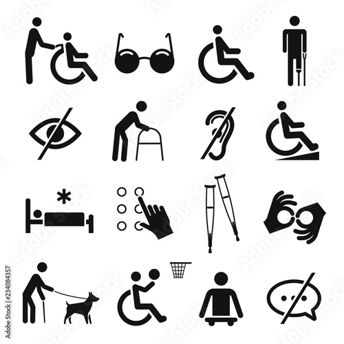 Disabled people care and disability icon set
