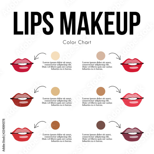 Lips makeup, color chart for your skin tone. Lips on the skin. Human's skin tone (asian, caucasian, African, Indian ). Vector illustration for makeup artist, biology, scientific, skincare, and medical